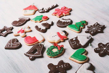 Close up view of colorful christmas cookies
