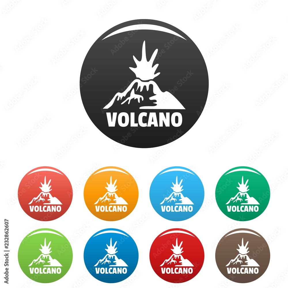 Poster erupting volcano icons set 9 color vector isolated on white for any design