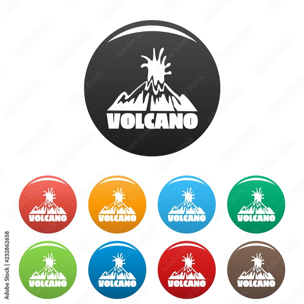 Poster volcano explosion icons set 9 color vector isolated on white for any design