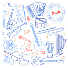 Musical instruments continuous one line color drawing