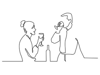 Couple drinking wine continuous one line vector drawing