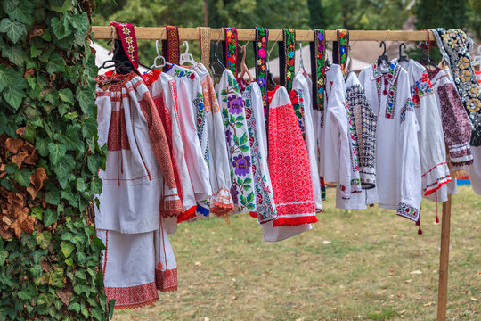 Old traditional Romanian folk costumes with embroidery