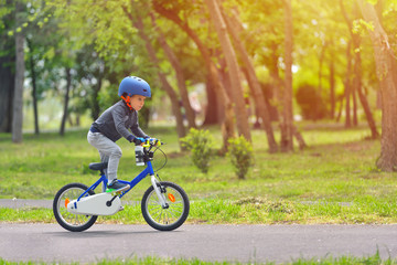 Happy kid boy of 5 years having fun in spring park with a bicycle on beautiful fall day. Active...