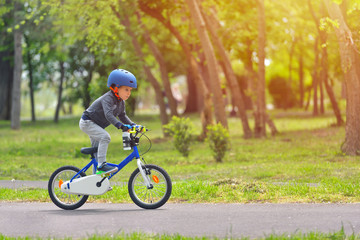 Happy kid boy of 5 years having fun in spring park with a bicycle on beautiful fall day. Active child wearing bike helmet