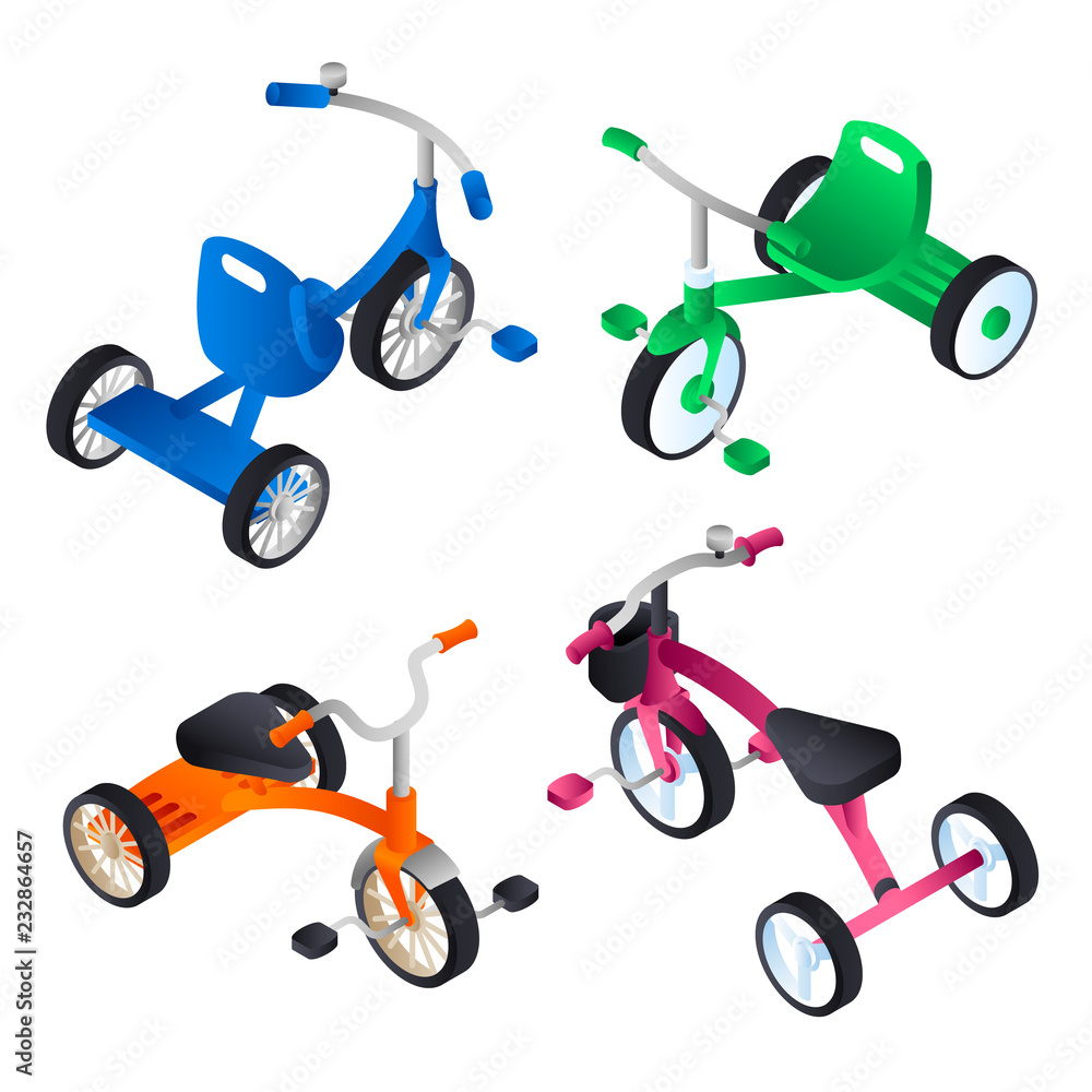 Poster tricycle icon set. isometric set of tricycle vector icons for web design isolated on white backgroun