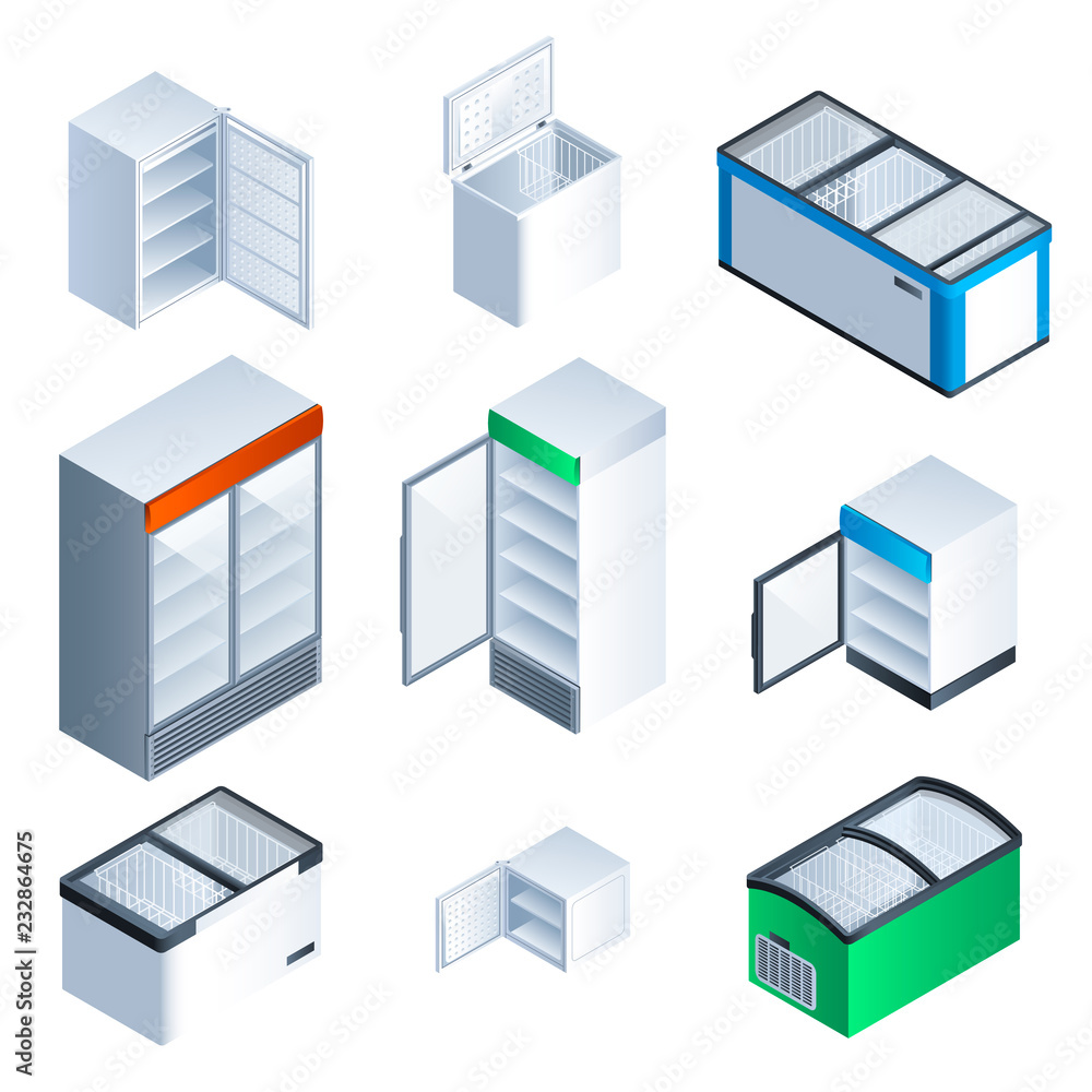 Poster freezer icon set. isometric set of freezer vector icons for web design isolated on white background
