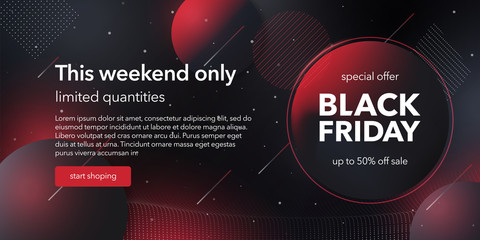 Black friday special offer template. Social media web banner for shopping, sale, product promotion. Background for website and mobile app banner, email. Vector image in black and red colors.