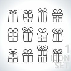  Set of Gifts vector line icons. Outline web present icon set. Suitable for christmas card, birthday card, invitation card and more