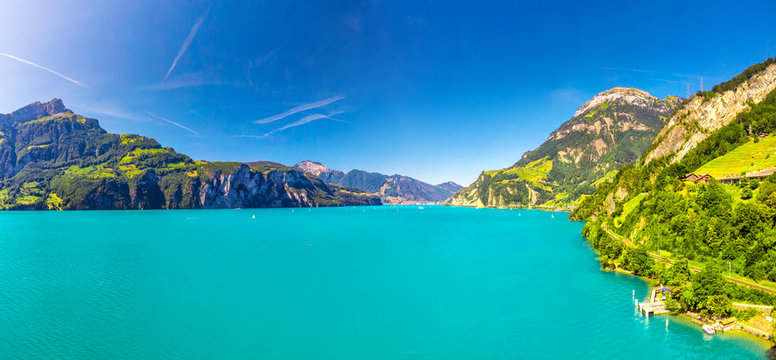 Lake Lucerne near Tells Plate and Brunnen village with Rigi and Frontalpstock mountain, Switzerland
