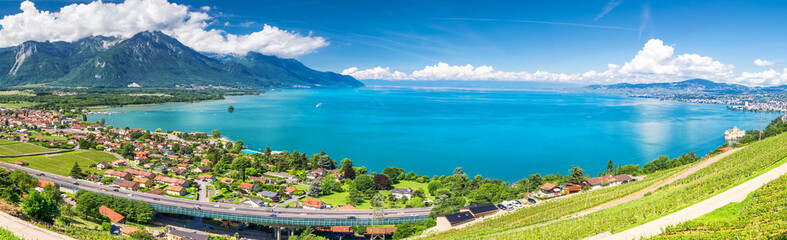 Panorama view of Montreux city with Swiss Alps, lake Geneva and vineyard on Lavaux region, Canton Vaud, Switzerland, Europe - obrazy, fototapety, plakaty
