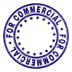 FOR COMMERCIAL stamp seal watermark with distress texture. Designed with round shapes and stars. Blue vector rubber print of FOR COMMERCIAL text with unclean texture.