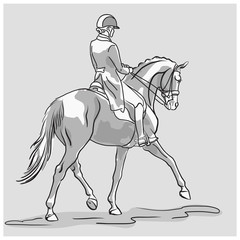 The monochrome illustration of a dressage rider on a horse executing the half pass.	