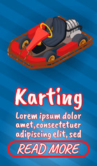 Karting concept banner. Isometric banner of karting comics vector concept for web, giftcard and postcard