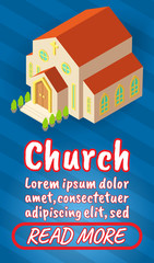 Church concept banner. Isometric banner of church comics vector concept for web, giftcard and postcard