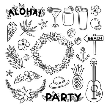 Beach party hand drawn set. Outline hawaii illustrations on white background. Cute tropical concept doodle elements