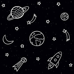 Doodle seamless pattern with space elements. Stars, planets, comet, moon, rocket, shooting stars on the dark night background. Vector Illustration. 