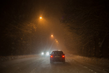 A view from the car riding at snowy road