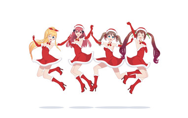 Joyful anime manga girls as Santa Claus in a jump