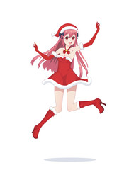 Joyful anime manga girl as Santa Claus in a jump