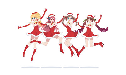 Joyful anime manga girls as Santa Claus in a jump
