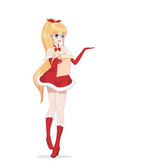 Anime manga girl dressed in Santa Claus costume