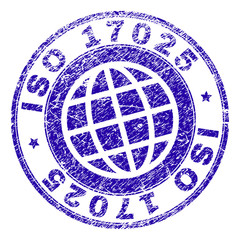 ISO 17025 stamp watermark with grunge texture. Blue vector rubber seal print of ISO 17025 caption with grunge texture. Seal has words placed by circle and globe symbol.