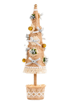 Christmas tree of twine and lace, handmade, isolated