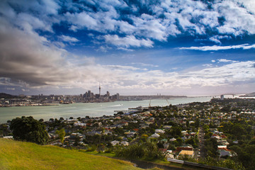 Panoramic Landscape View of Auckland Capital City Skyline and Distant Sea Harbor from summit of Mount Eden on North Island in New Zealand