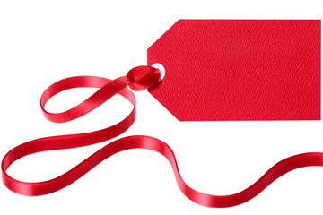 Red gift tag label with ribbon