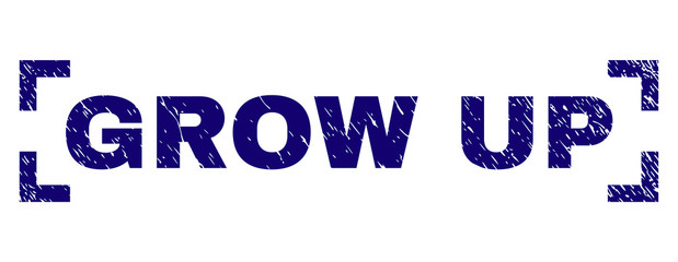 GROW UP caption seal print with corroded texture. Text title is placed between corners. Blue vector rubber print of GROW UP with corroded texture.