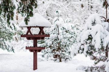 Winter wooden bird feeder close-up covered with snow, winter day in park