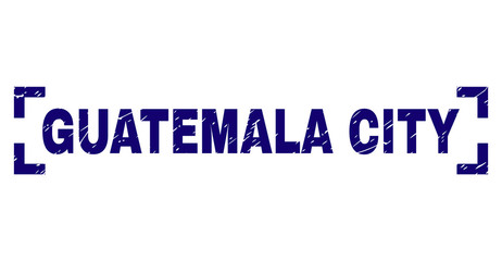 GUATEMALA CITY title seal print with distress texture. Text title is placed inside corners. Blue vector rubber print of GUATEMALA CITY with dust texture.