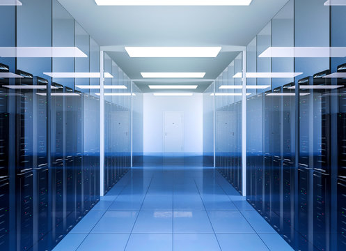 Network and internet communication technology in data center server room interior, 3D Rendering