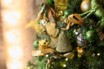 Golden Christmas decorations, Christmas tree, gifts