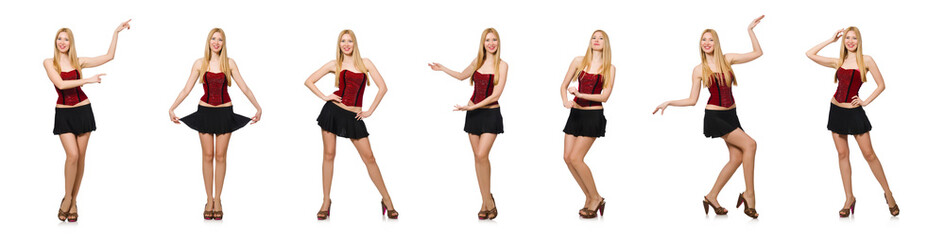 Woman pressing virtual button isolated on white