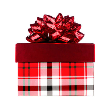 Red, Plaid Pattern Christmas Gift Box With Red Shiny Bow Isolated On A White Background