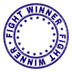 FIGHT WINNER stamp seal imprint with grunge texture. Designed with circles and stars. Blue vector rubber print of FIGHT WINNER caption with scratched texture.