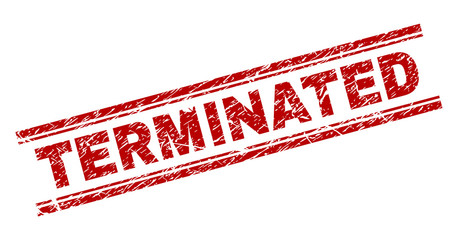 TERMINATED seal print with corroded texture. Red vector rubber print of TERMINATED tag with scratched texture. Text tag is placed between double parallel lines.