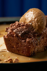 Delicious chocolate fondant lava cake with custard and pistachio