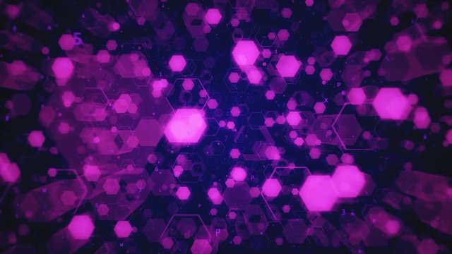 Flying among abstract technological glowing hexagons and hexadecimal code. Seamless loop animation. High-quality 3D rendering for financial, banking, web technologies or social background.
