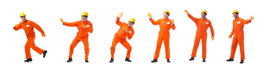 Contractor employee wearing coveralls isolated on white