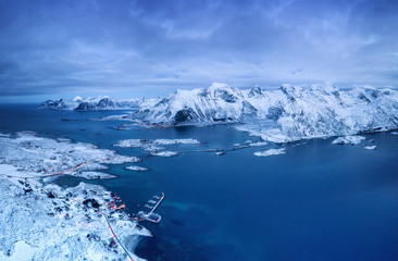 Aerial view on the Lofoten islands, Norway. Natural landscape from drone. Aerial landscape from air in the Norway