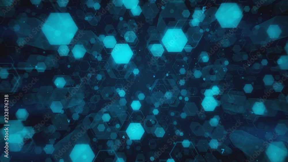 Poster flying among abstract technological glowing hexagons and hexadecimal code. seamless loop animation. 