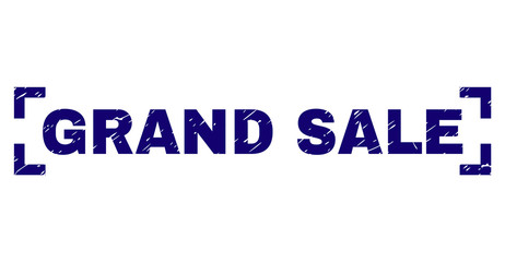 GRAND SALE text seal imprint with corroded effect. Text label is placed between corners. Blue vector rubber print of GRAND SALE with corroded texture.