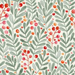 Seamless pattern background hand painted, texture with watercolor hand drawn leaves and berries. Good for textile fabric, wrapping paper or backdrop layout.