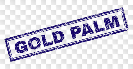 GOLD PALM stamp seal watermark with rubber print style and double framed rectangle shape. Stamp is placed on a transparent background. Blue vector rubber print of GOLD PALM label with unclean texture.