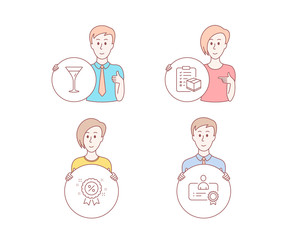 People set of Discount, Martini glass and Parcel checklist icons. Certificate sign. Sale shopping, Wine, Logistics check. Best employee, discount. People vector