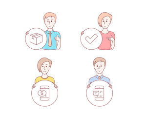 People hand drawn style. Set of Tick, Parcel and Phone payment icons. Smartphone notification sign. Confirm check, Shipping box, Mobile pay. Chat message.  Character hold circle button. Vector