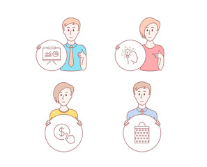People hand drawn style. Set of Buy currency, Idea and Presentation icons. Shopping bag sign. Money exchange, Creative designer, Board with charts. Paper package.  Character hold circle button