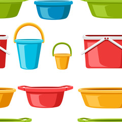 Seamless pattern. Collection of water containers. Water buckets and basins. plastic products mass market. Flat vector illustration on white background